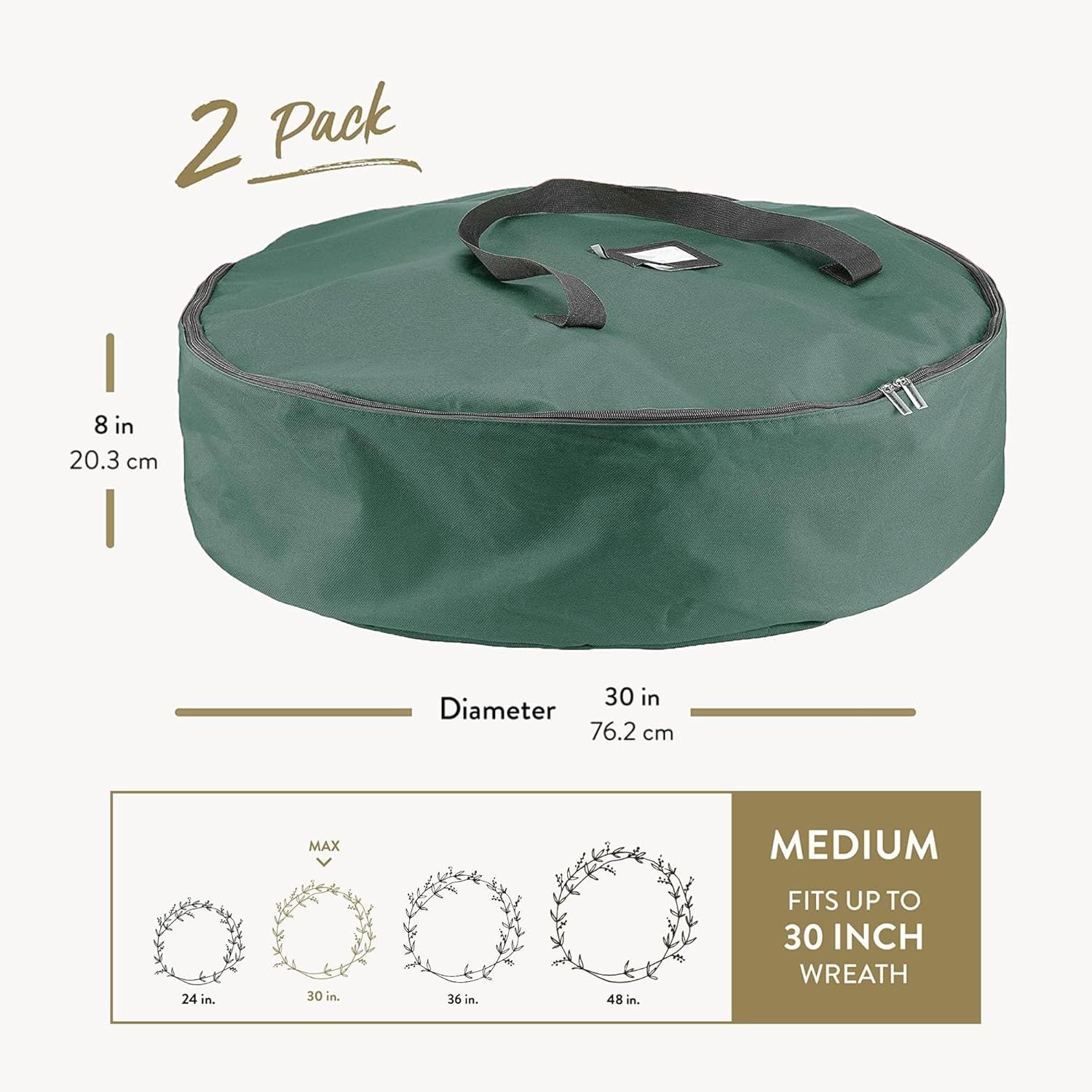 ZOBER Christmas Wreath Storage Container - 30 Inch Waterproof Oxford Bag with Dual Zippers & Durable Handles - Green | 2 Pack