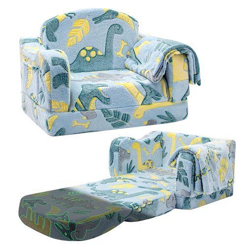 Airpanda Comfy Toddler Chair and Couch for Kids with Blanket,2-in-1 Soft Plush Fold Out Toddler Couch for Girls and Boys,Convertible Sofa to Lounger for Playroom,Glowing Dinosaur