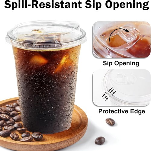 BYSNOW 16 oz Clear Plastic Cups - 100 Pack Disposable Iced Coffee Cups with Lids for Cold Drinks