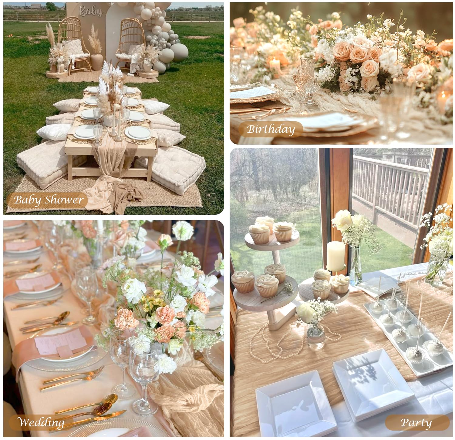 6 Pack Champagne Cheesecloth Table Runners Easter Spring Cheese Cloth Table Runner 10FT Boho Sheer Gauze Runner 35x120 Inches Long for Bridal Shower Wedding Baby Shower Party Decor