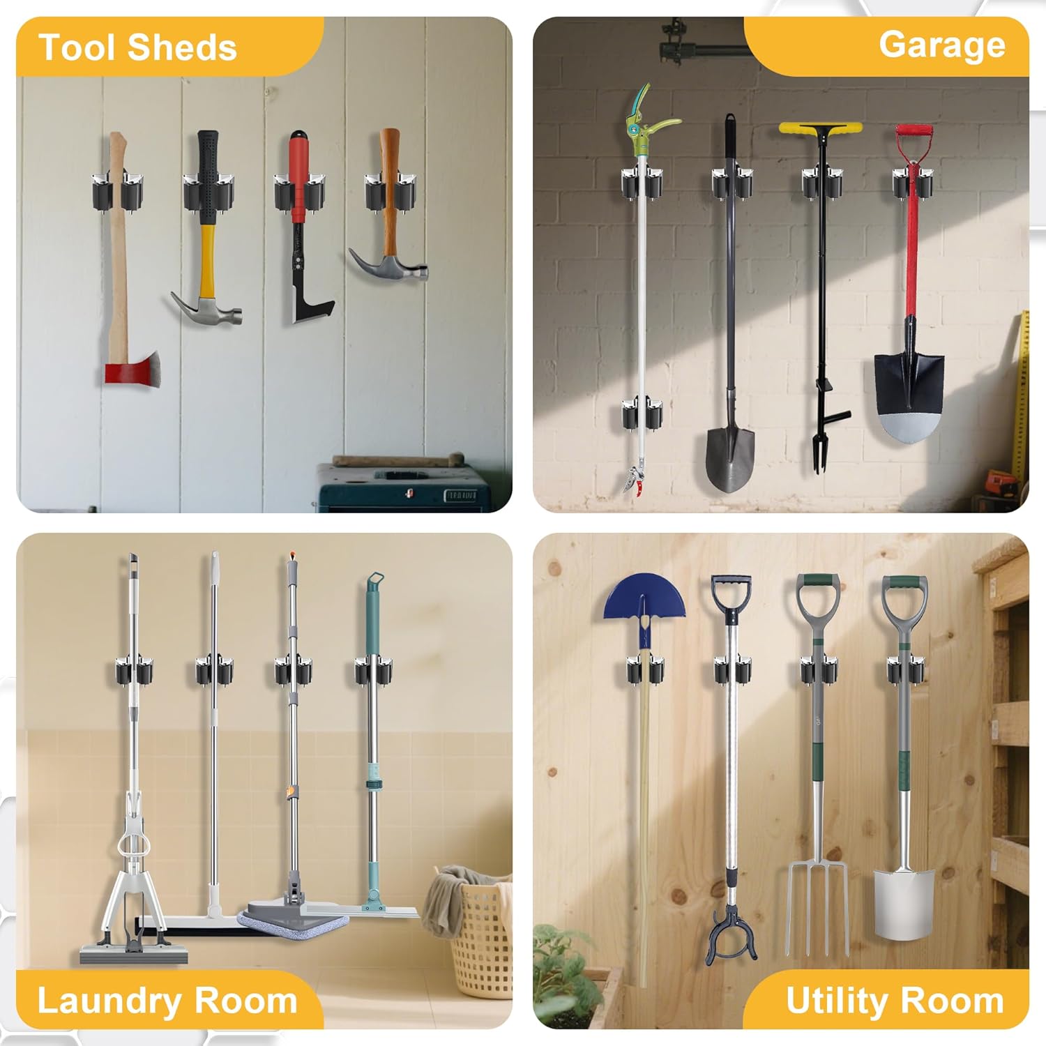 Skiennix Broom Holder Wall Mount - 12 Pack Metal Mop Clips with Star-Shaped Rollers for Garden Tool Storage