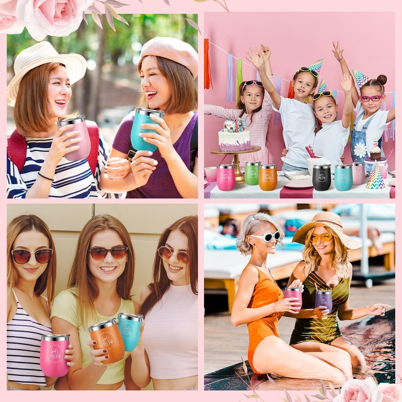 Sliner 8 Pcs Girls Trip Tumbler with Lid 12oz Stainless Steel Girls Travel Cups Beach Wine Mug Bridesmaids Gift for Friend Besties Wedding Bachelorette Vacation Cruise Party Favors