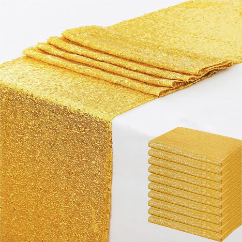 10 Pack Sequin Gold Table Runners 12 x 108 Inches Glitter Golden Table Runner for Party Wedding Birthday Engagement Banquet Meeting Anniversary Christmas Dining Room Decoration
