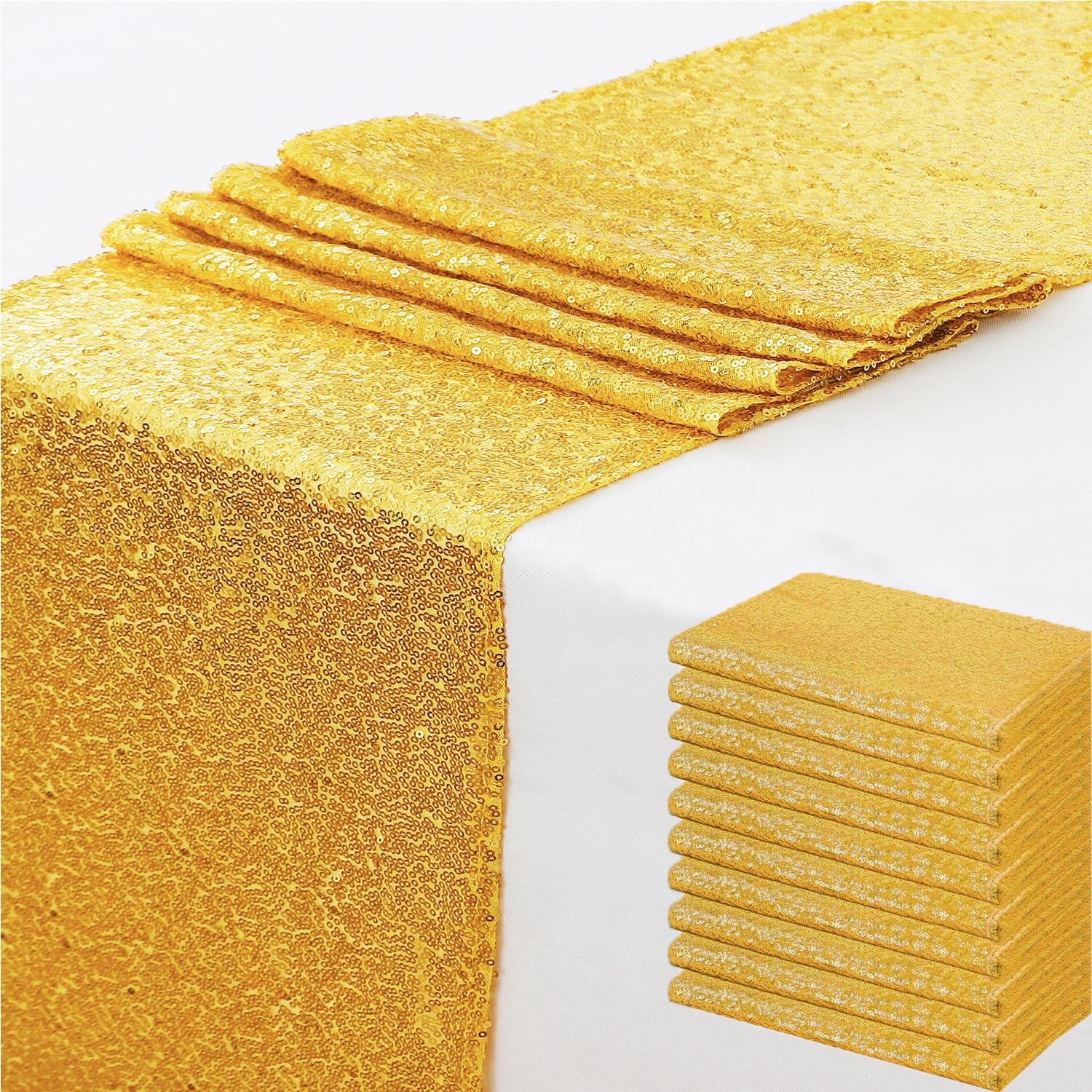 10 Pack Sequin Gold Table Runners 12 x 108 Inches Glitter Golden Table Runner for Party Wedding Birthday Engagement Banquet Meeting Anniversary Christmas Dining Room Decoration