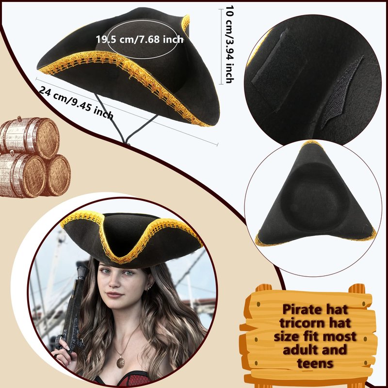 SGBETTER 8 Pack Felt Pirate Tricorn Hat Black Buccaneer Hat with Gold Trimming for Halloween Masquerade Party Role Play Outfit Accessories