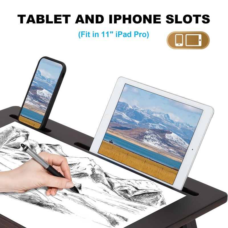 Nnewvante Drawing Table Foldable Drafting Desk with Adjustable Height & Angle Bamboo Drawing Board Easel with Tablet and Phone Slots for Painting, Drafting, Writing, Reading
