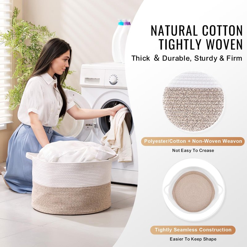 VEVOR Blanket Basket, 67L, Cotton Rope Basket, Woven Basket with Handles, 20" x 13" Round Laundry Hamper Basket Collapsible Extra Large Storage Basket Bins for Organizing Clothes Kids Toys Pillows