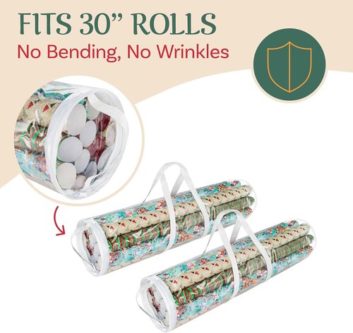 Elf Stor Wrapping Paper Storage Bags - Set of 2 Clear Totes with Handles for 30-Inch Rolls