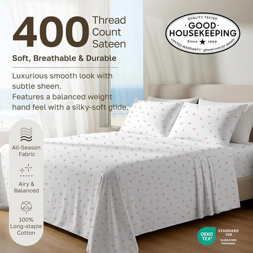 California Design Den Twin Bed Sheets Set - 100% Cotton, 400 Thread Count, Smooth Sateen Finish, Floral Design