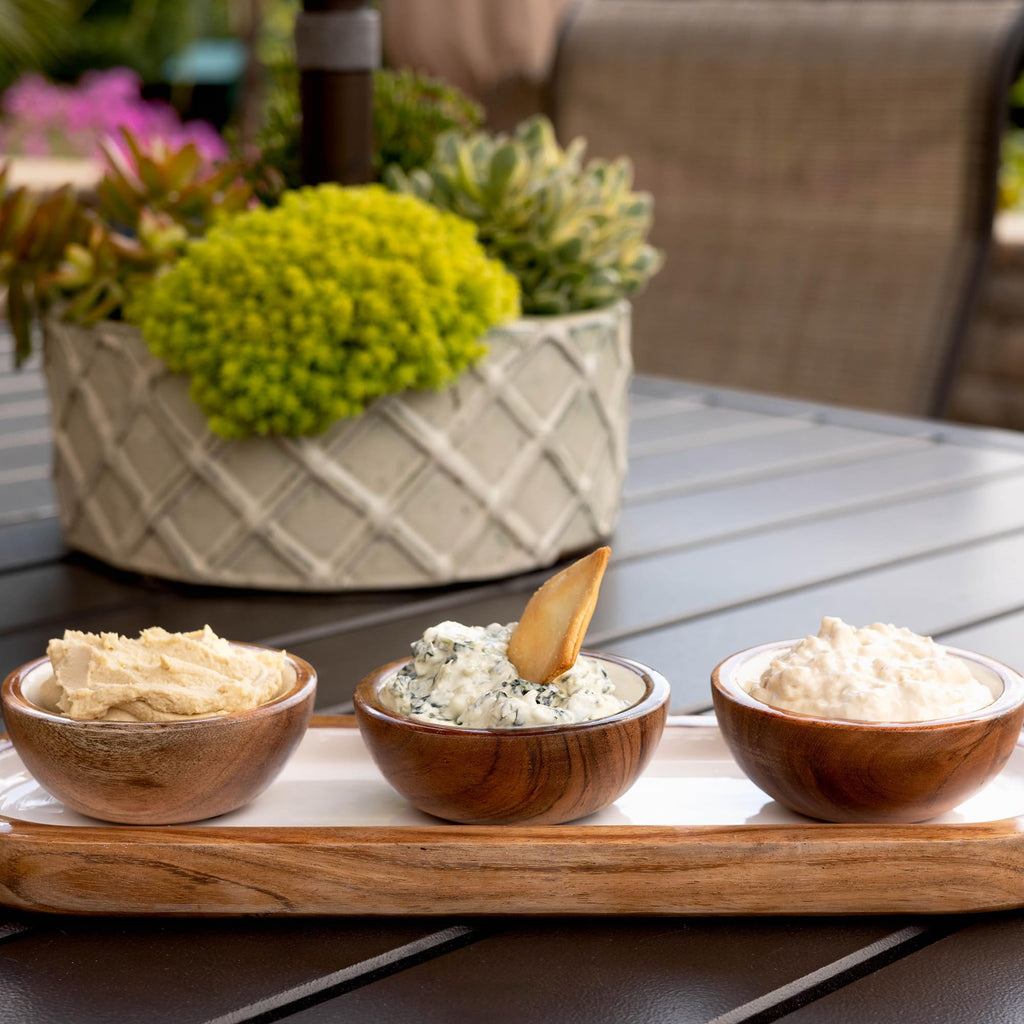 Jeanne Fitz Charcuterie Bowls, 4pc Set - 3 Small Acacia Wooden Bowls with Tray Display Storage, Decorative Wooden Kitchen Accessories, Candy Dish, Serving Dishes for Dips, Snacks, Desserts, Condiments