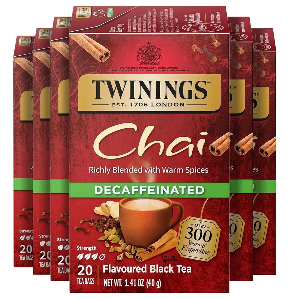 Twinings Decaffeinated Chai Tea Bags - Sweet & Savory Spices | 120 Individually Wrapped Bags (Pack of 6)