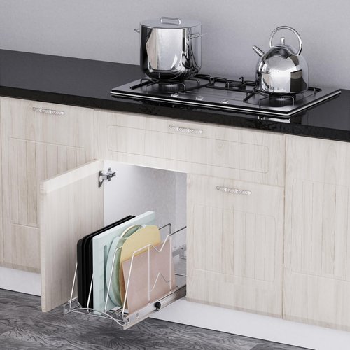 STORKING Pull Out Cookie Sheet Organizer for Cabinet, Pan and Pot Rack, Cutting Board Organizer Rack, Baking Tray Organizer for Cabinet, Adjustable Divider Width, 11" W x 22" D x 11.8" H, Chrome
