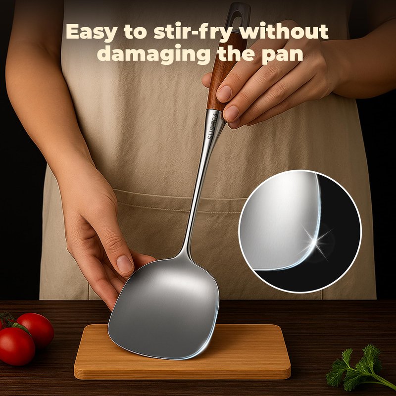 2Pcs Cooking Utensils Set,304 Stainless Steel Wok Spatula,kitchen utensils with Wooden Handle,Wok Tools Professional Set, Non-Stick and Heat Resistant