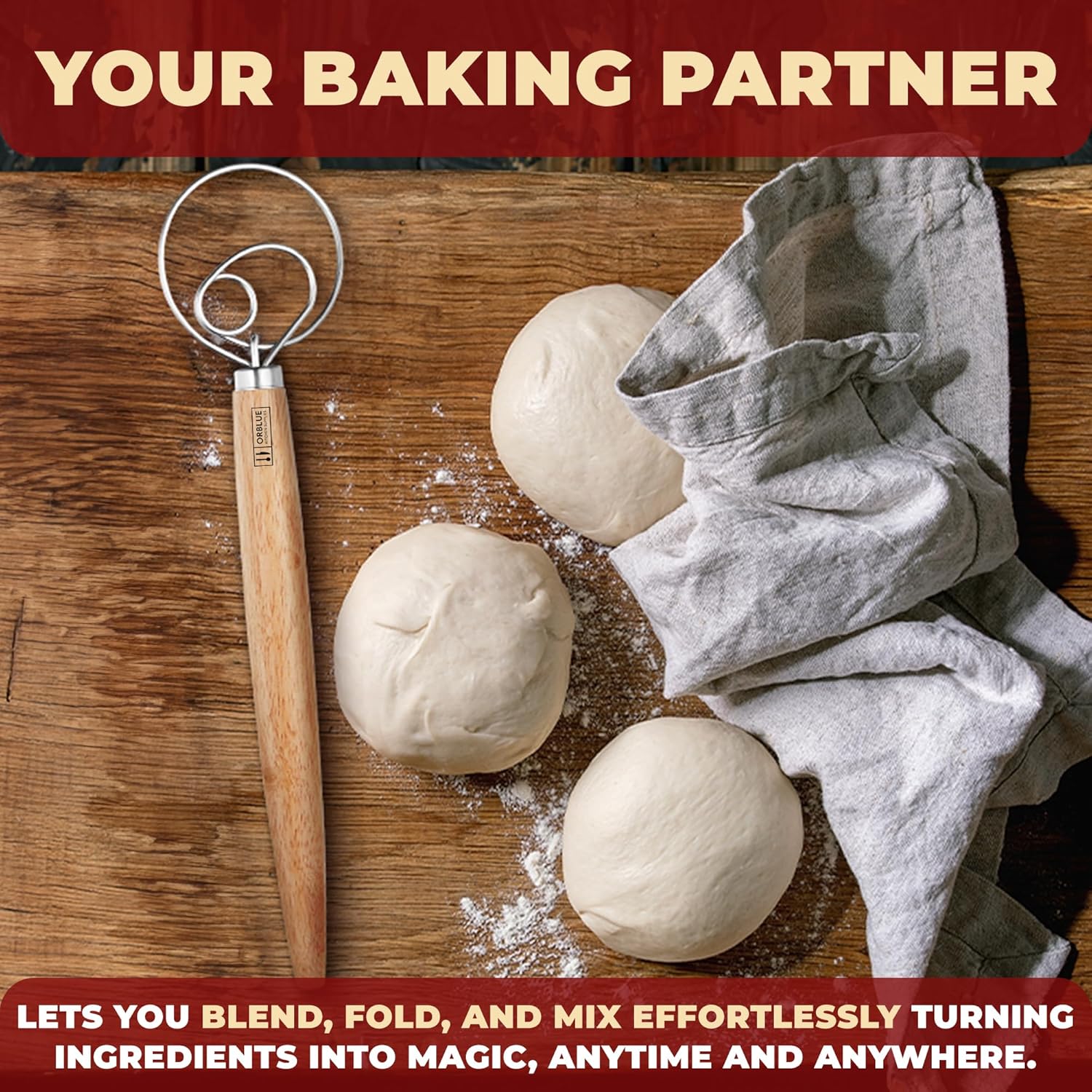 ORBLUE Premium Danish Dough Whisk - Stainless Steel Ring for Bread, Pastry & Pizza Dough - 13-Inch