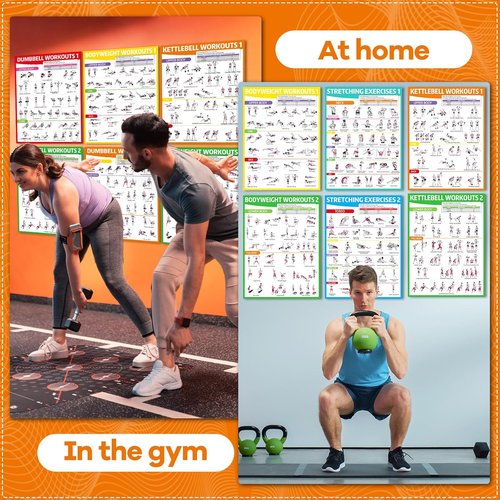 **Gisgfim 8PCS Workout Posters - Full Body Exercise Charts for Home Gym | Laminated Dumbbell, Bodyweight & Kettlebell Training**