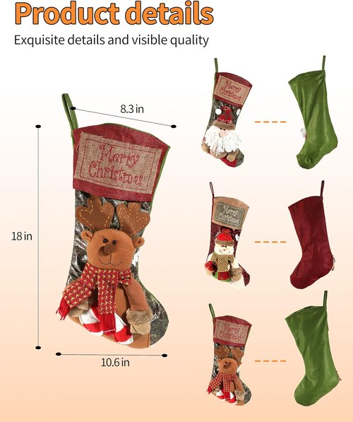 iStatue Large Christmas Stockings - 18'' Tall 3D Plush Fabric with Deer Ornaments | Personalized Xmas Gift Bag for Kids & Adults