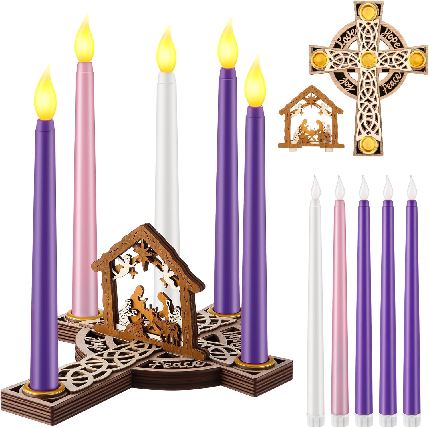 Regine Switzerland Christmas Advent Wreath Candle Holder - 5 Pcs Flameless Candles & Wood Cross Nativity Scene