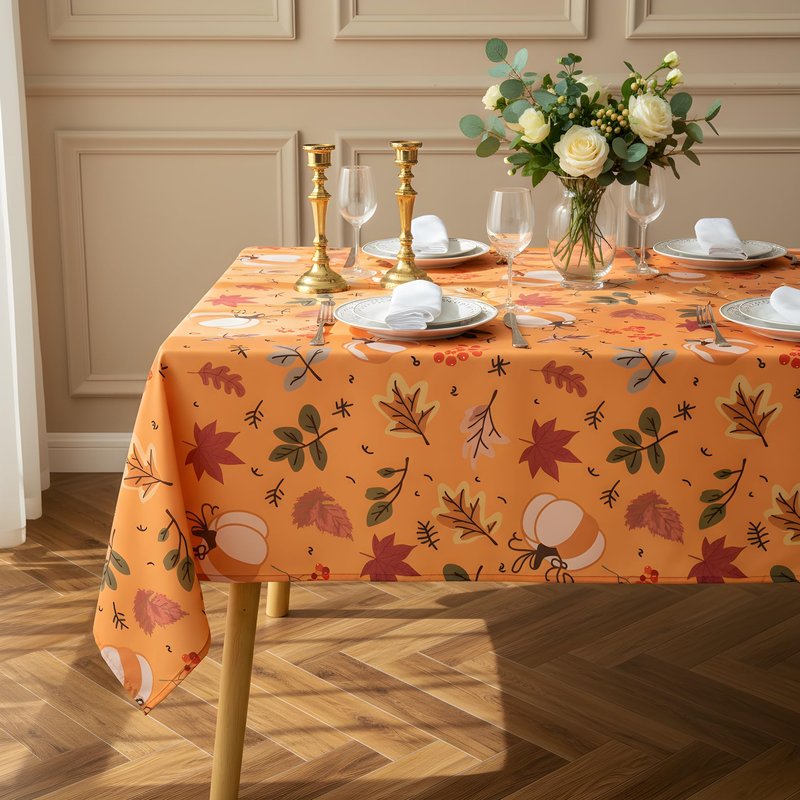 LOSIVISHE Thanksgiving Waterproof Tablecloth – Fall Harvest Pumpkins, Maple Leaves & Berries Print – Autumn Rectangle Table Cover for Dining or Party, Brown, W60 x L120 in