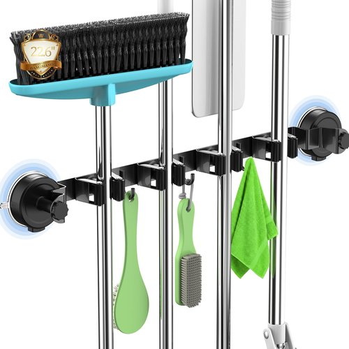 2026 Upgrade Broom Holder by [Brand Name] - Wall-Mounted Organizer with 4 Racks & 3 Hooks | Removable & Reusable for Home, Kitchen, Laundry