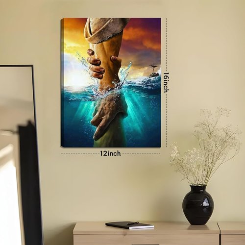 Framed Jesus Canvas Wall Art - The Hand of God Reaching Into Water | Blue Ocean Religious Decor 12x16 Inch