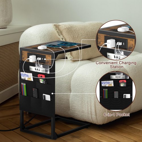 CADUKE C Shaped End Table with Charging Station, TV Tray Set of 2, Couch Side Tables with Storage Bag, Sofa Tables That Slide Under with 3 USB Ports and Outlets for Living Room, Brown