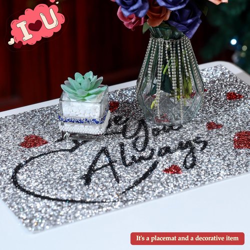 Cumouna Placemats Set of 4, Silver and Red Rhinestones Table Mat Home Decoration for Centerpiece Dining Table Love You Always Valentines Day Family Frineds Birthday Gifts