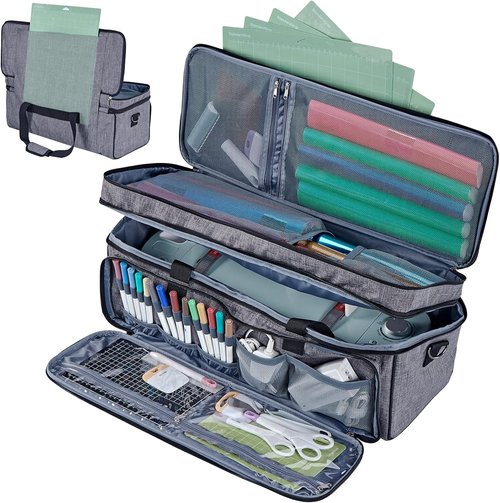 HOMEST Double Layer Carrying Case - Mat Pocket for Cricut Maker 4 & Explore 4 | Grey with Multi Front Pockets
