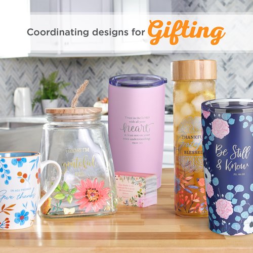 Christian Art Gifts Stainless Steel Double-Wall Vacuum Insulated Travel Mug 18 oz Navy Blue with Pink Floral Tumbler with Lid for Women with Inspirational Bible Verse - Be Still & Know -Psalm 46:10