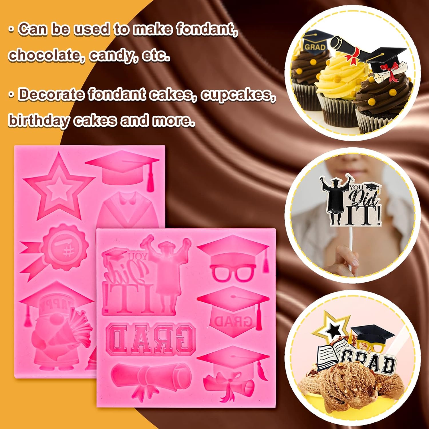 Whaline 2Pcs Graduation Fondant Molds - 3D Silicone Caps & Scrolls for 2026 Party Baking