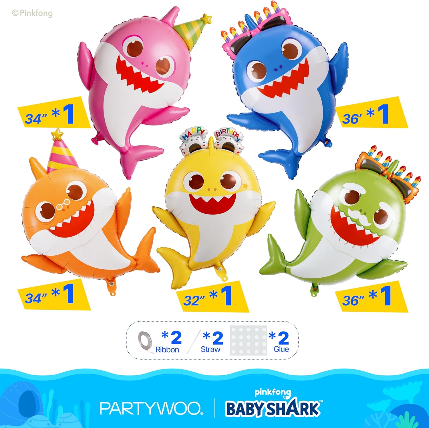 PartyWoo Baby Shark Family Foil Balloons - 5pcs Mylar Helium Balloons for Ocean-Themed Birthday Party | 36-34-32 Inch
