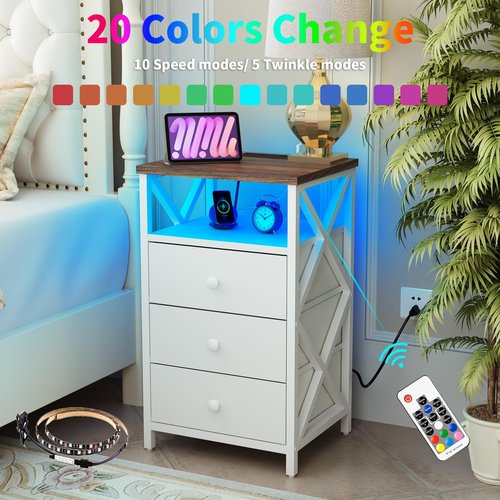 LTTDOUK LED Nightstand with Charging Station, Tall Dresser for Bedroom with LED Light, Side Table Bedside Tables with USB Ports and Outlets, White End Table with Drawer for Bedroom, Living Room
