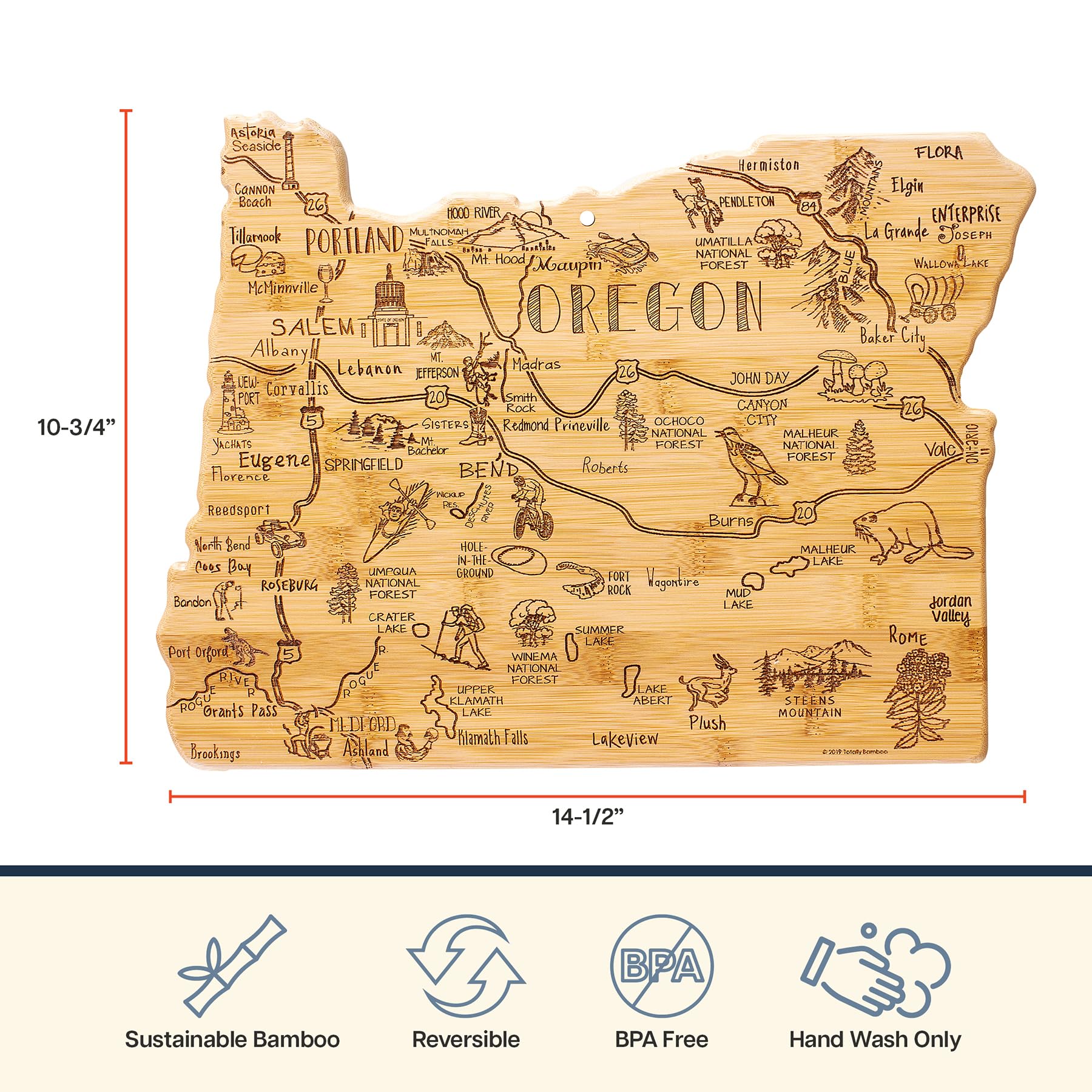 Totally Bamboo Destination Oregon Shaped Cutting Board – Bamboo Charcuterie and Serving Board with Hang Tie for Wall Display