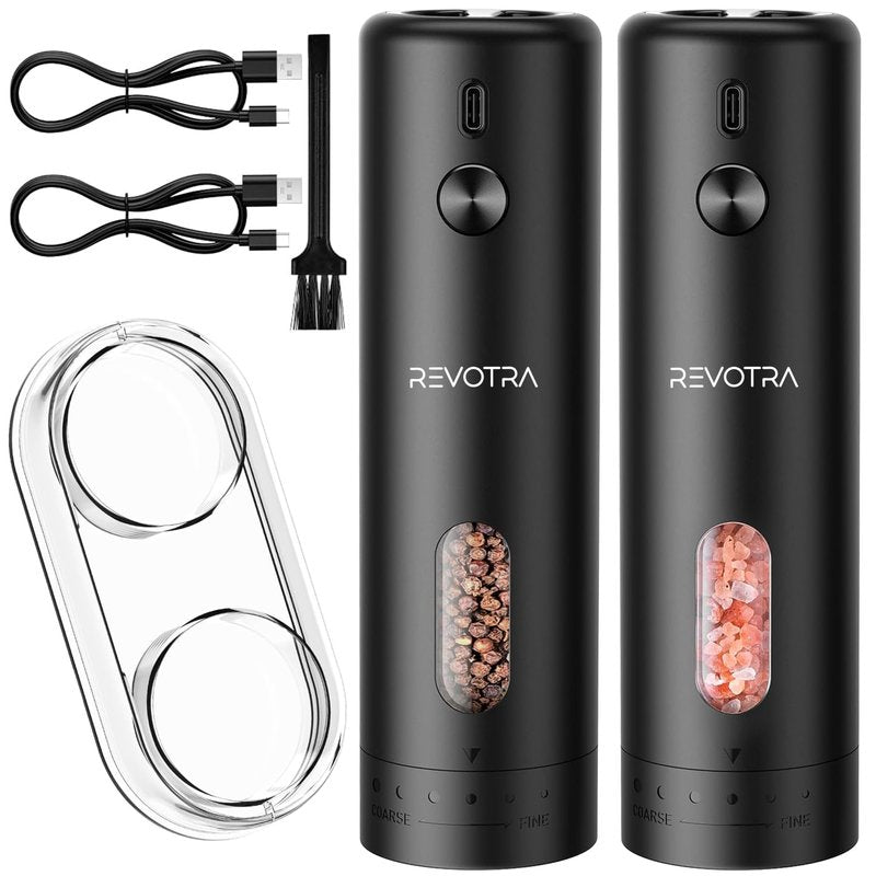 Electric Salt and Pepper Grinder Set, Rechargeable Automatic Salt and Pepper Shakers with 6 Adjustable Coarseness, Christmas Gift, Larger Capacity, LED Light, One-Handed Operation, 2 Packs