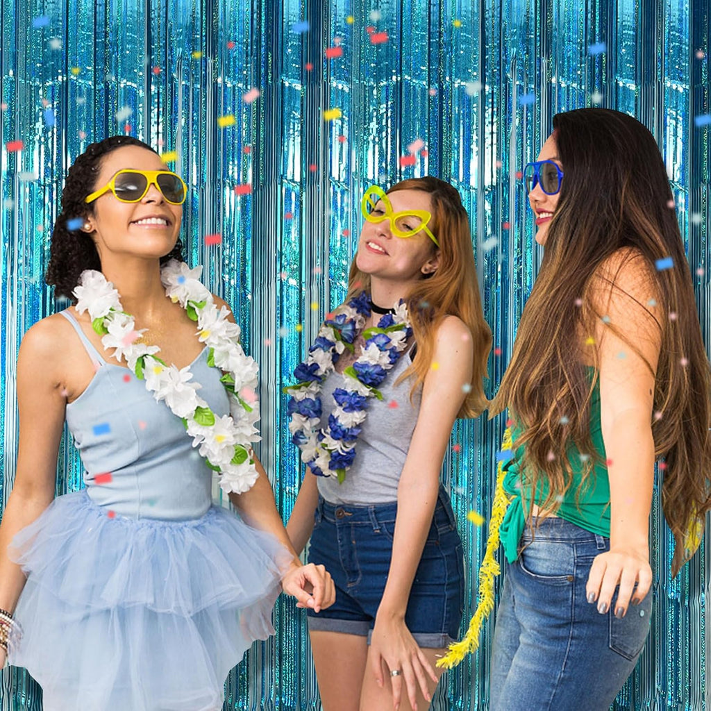Skiennix 2-Pack Blue Party Backdrop Curtains - Metallic Tinsel Foil Fringe for Ocean-Themed Decor