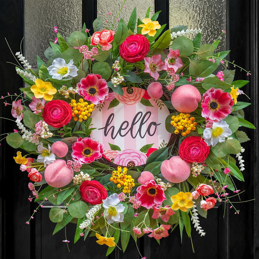 Spring Wreaths - 24 Inch Artificial Summer Wreath with Pink Roses, Cherry Blossom & Berries | Hello Sign for Indoor/Outdoor Farmhouse Decor
