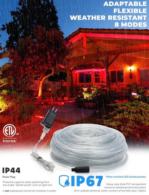 WYZworks 100ft Red LED Outside Rope Light - 8 Modes, Waterproof Permanent Outdoor Accent Lighting w/Remote, Flexible Clear Tube, ETL Certified, Garden, Patio, Holiday Christmas, Palm Tree, Ambient