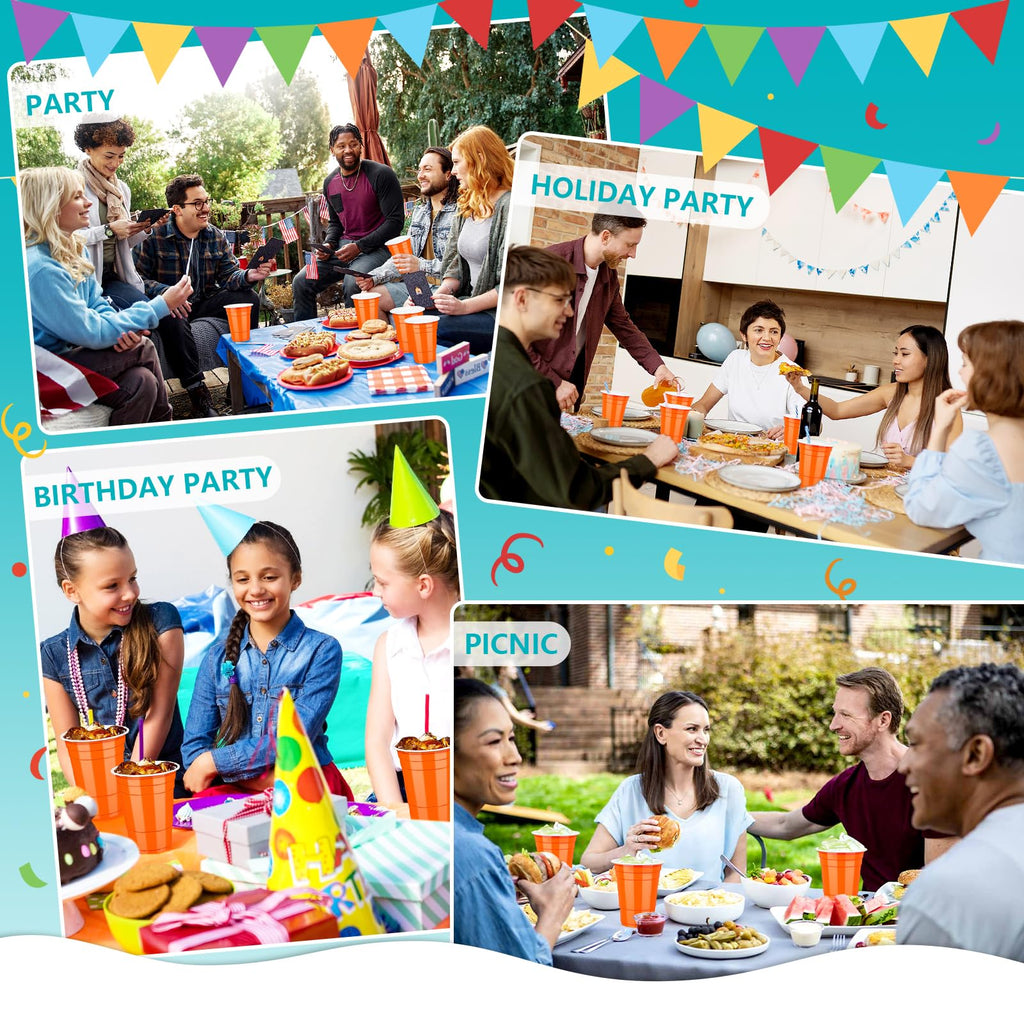 LANLISA 50 Orange Plastic Cups, 16 oz Disposable Cups, Drinking Cups For Birthday Party, Halloween, Thanksgiving, Harvest, Fall