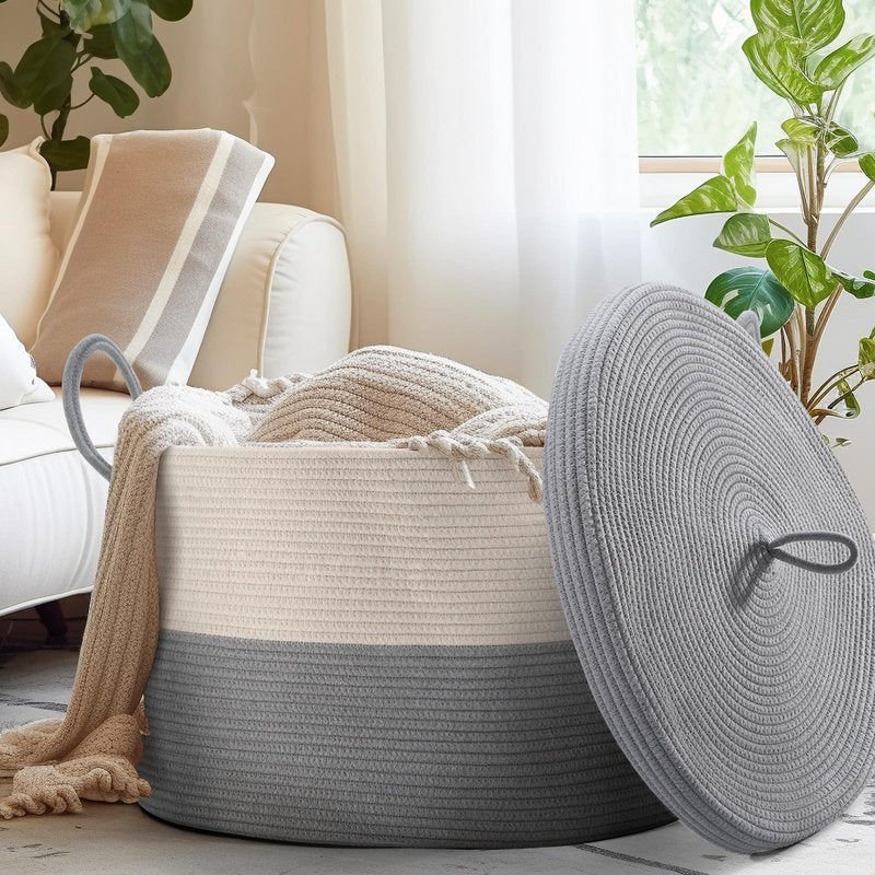 Noonkty XXL Cotton Rope Basket with Lid, Grey, 21.7" x 13.8" Square, Modern, Living Room, Bedroom, Nursery Storage