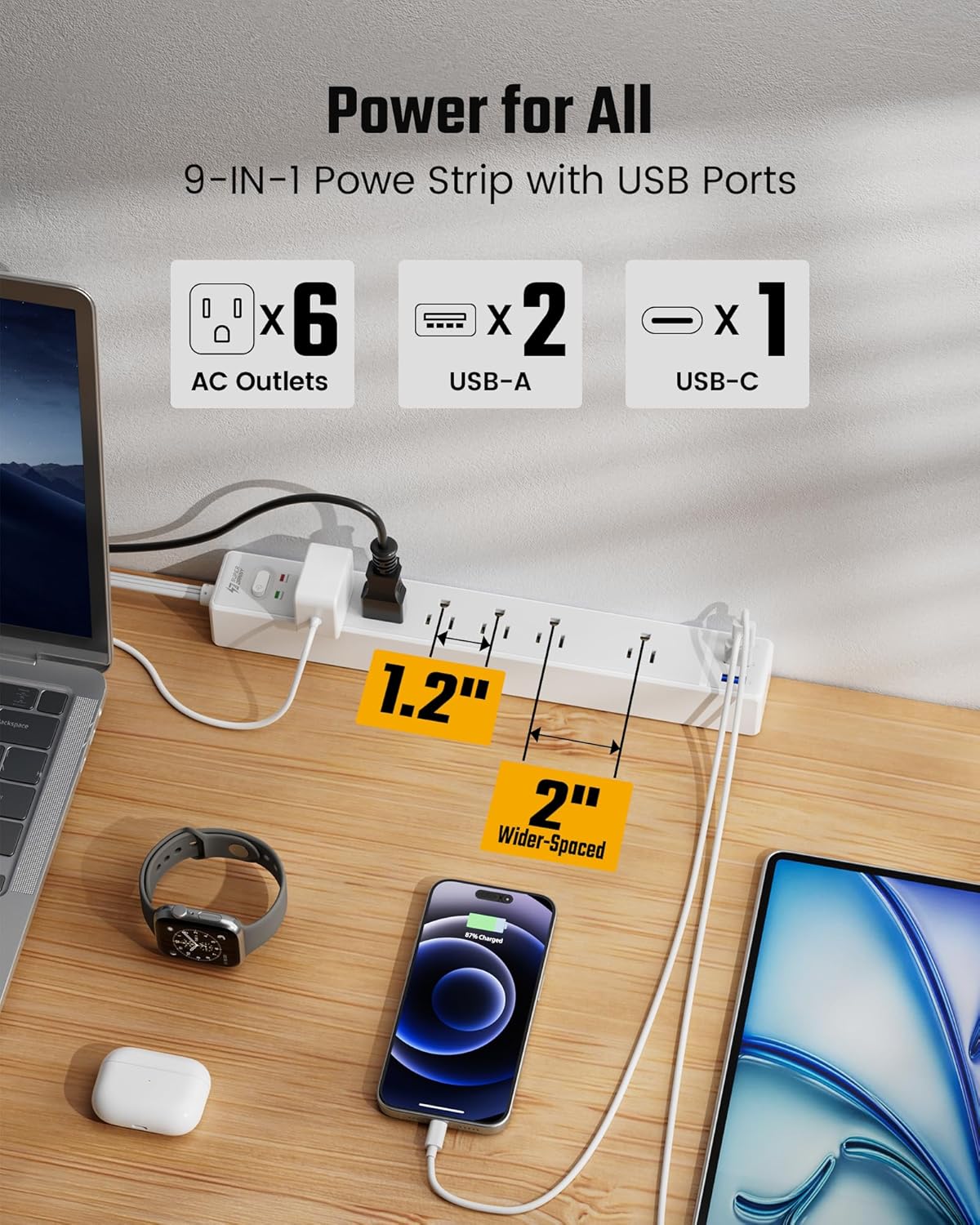 SUPERDANNY 10Ft Extension Cord - Flat Plug Surge Protector with 6 Outlets & 3 USB Ports | Ideal for Home Office & Dorm Room Essentials