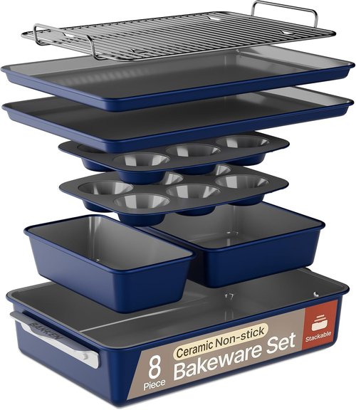 Bakken 8-Piece Nonstick Bakeware Set - Ceramic Coated, Oven Safe to 500°F, Blue | Includes Muffin, Loaf, Cake Pans & Cooling Rack