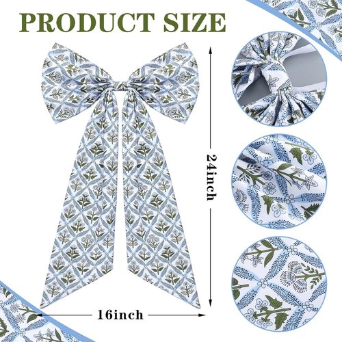 HunnmingRe Christmas Wreath Sash - 2 Pcs Blue Block Print Bow | 24 x 16 Inch Floral Burlap Decor