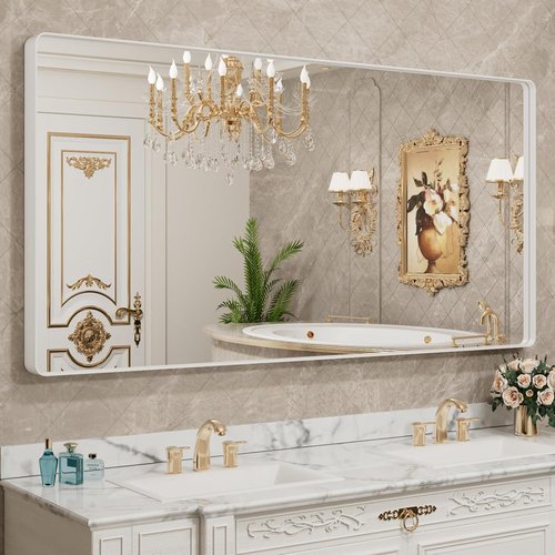 LOAAO Large Rounded Rectangle Bathroom Mirror - 72x36 Inch White Metal Frame, Anti-Rust Tempered Glass | Versatile Wall Mounting