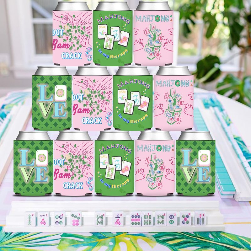 KARAQY 12 Pcs Mahjong Party Can Coolers, Pink and Green Mahjong Can Sleeve for Mahjong Gifts Mahjong Party Decorations Supplies