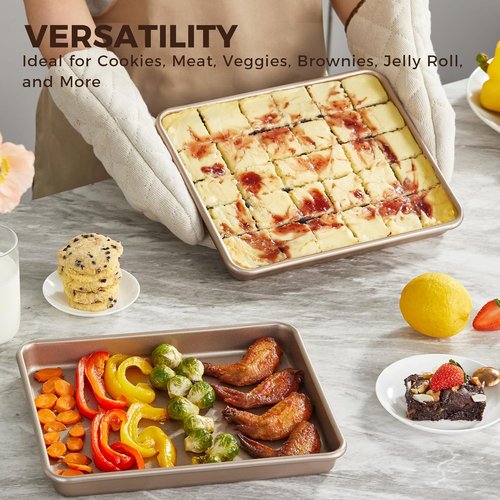 HONGBAKE Non-Stick Toaster Oven Pans - 11 x 9 Inch Heavy-Duty Baking Sheet Set | Easy to Clean, Gold Finish
