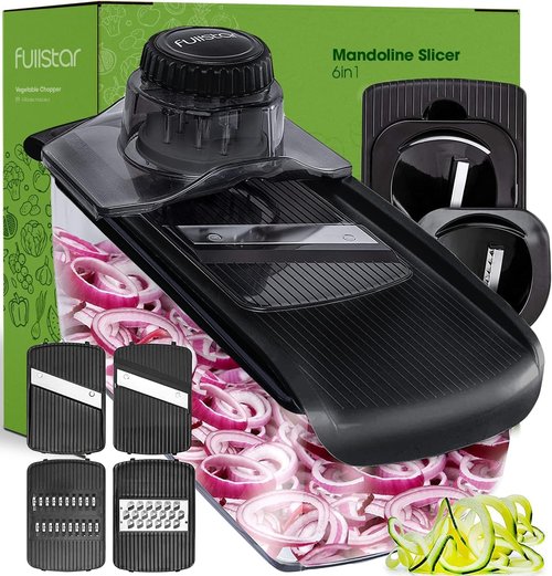 Fullstar Mandoline Slicer - 6-in-1 Kitchen Tool with Safety Glove | Versatile Fruit, Veggie & Cheese Cutter in Black