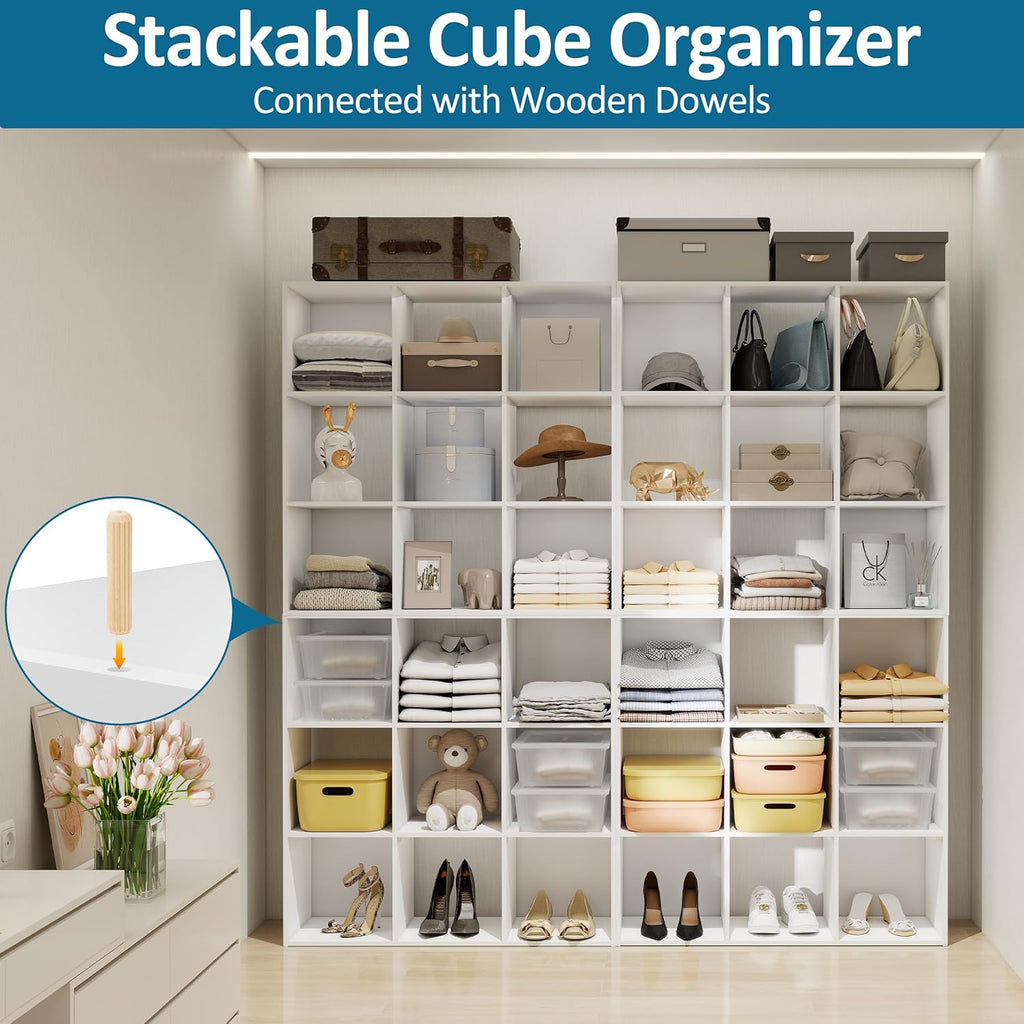 PrimeZone Stackable 9-Cube Storage Organizer - Versatile Wood Shelf for Closet & Bedroom - White Cubicle Cabinet