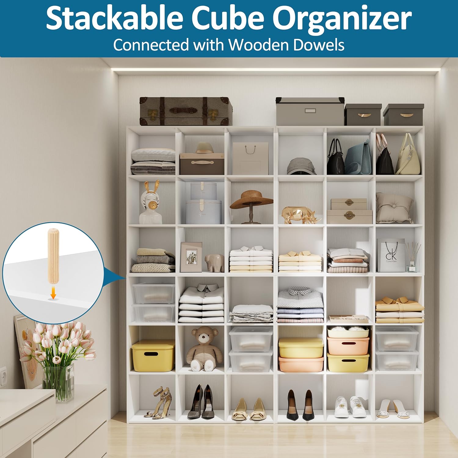 PrimeZone Stackable 9-Cube Storage Organizer - Versatile Wood Shelf for Closet & Bedroom - White Cubicle Cabinet