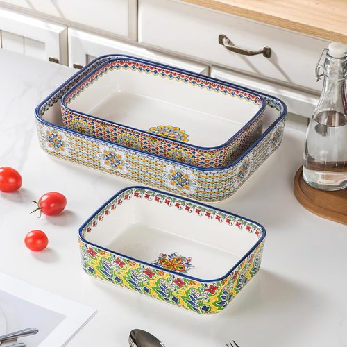 Boho Style Ceramic Baking Dishes Set of 3 | Rectangular Casserole Pans for Oven & Roasting