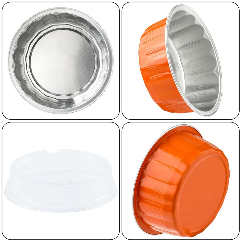 BAKINGPAK Round Baking Cups with Lids, 50PCS 8OZ Mini Aluminum Foil Pans Mini Cake Pans with Lids Cupcake Liners Muffin Pan Individual Cupcake Containers for Birthday, Orange