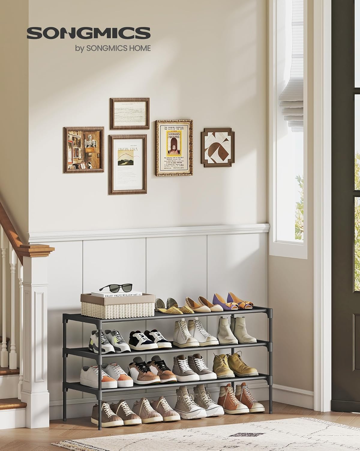 SONGMICS 3-Tier Shoe Rack - Space-Saving Organizer with Metal Frame & Non-Woven Fabric Shelves | Ink Black, 11.7 x 36.1 x 21 Inches